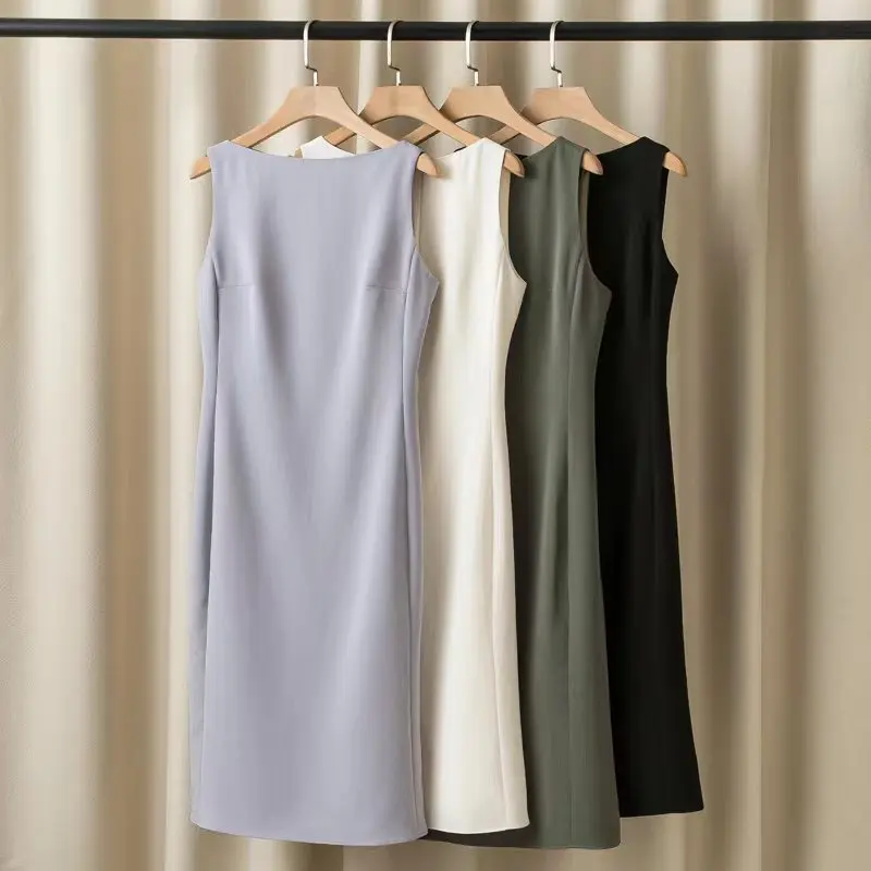 Women Trumpet Midi Dress Slash Neck Sleeveless Solid Color 2023 Summer Female Zipper Robes