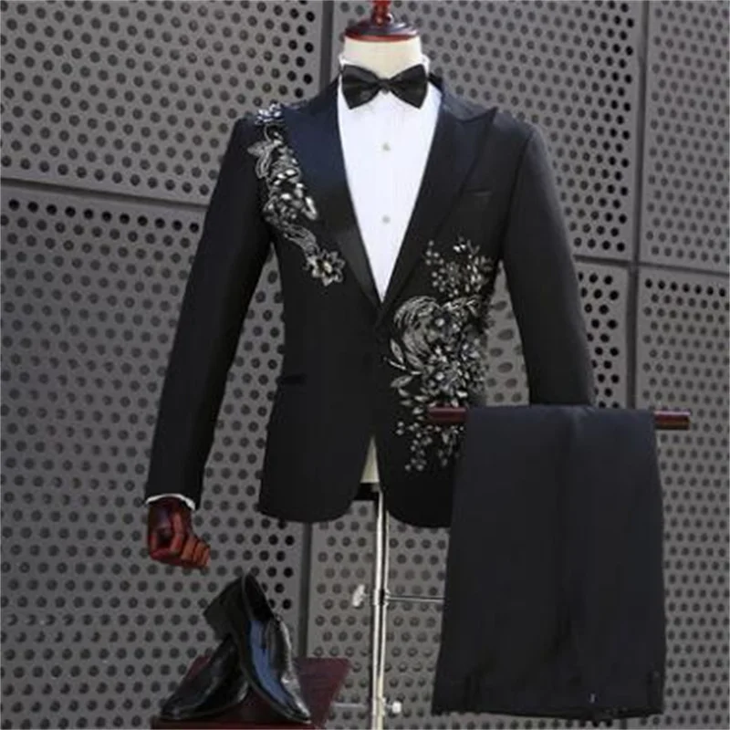 

Singer stage Sequins clothing for men groom suit set with pants black 2020 mens wedding suits costume men formal dress tie