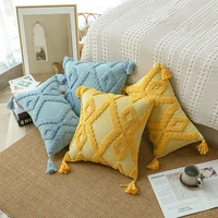 beige pink blue yellow geometric diamond tufted cushion cover four corner tassel pillowcase 45x45 lumbar pillow case decorative
