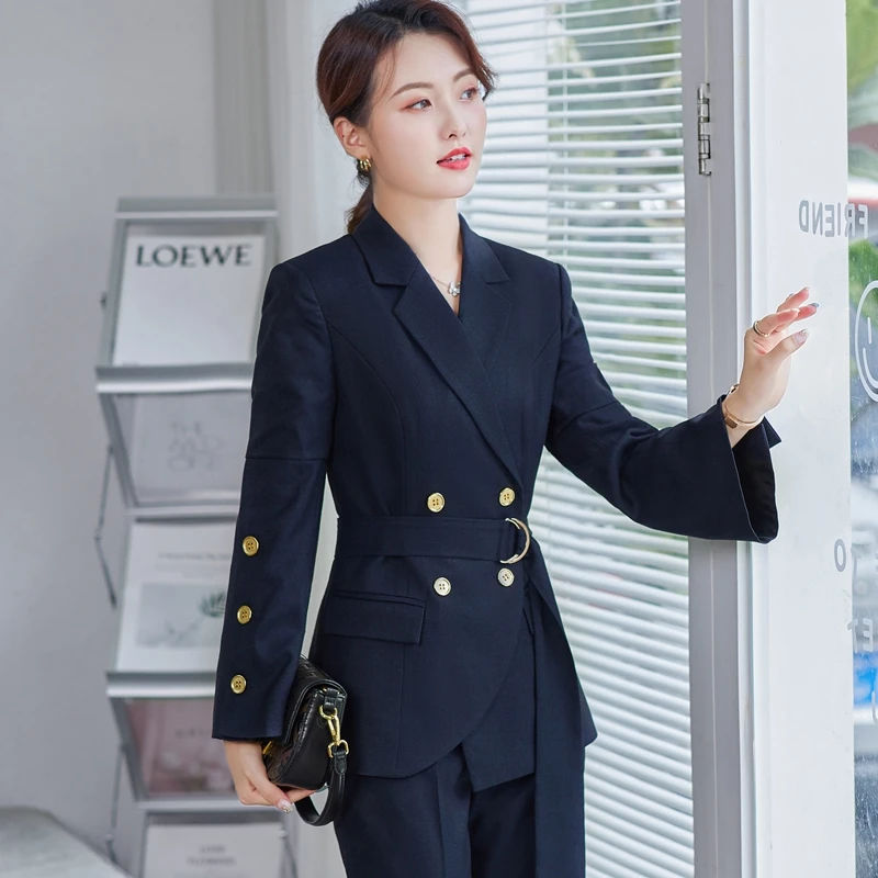 Formal Ladies Blazer Women Business Suits with Sets Work Wear Korea Office Uniform Dark Blue 2-piece Large Size Pants Jacket Set