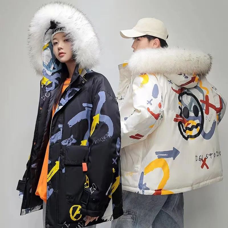 2022 Girl's Duck Down Jacket Winter Fashion Graffiti Print Luxury Fur Collar Hooded Puffer Jacket Couples New Thicken Warm Coats
