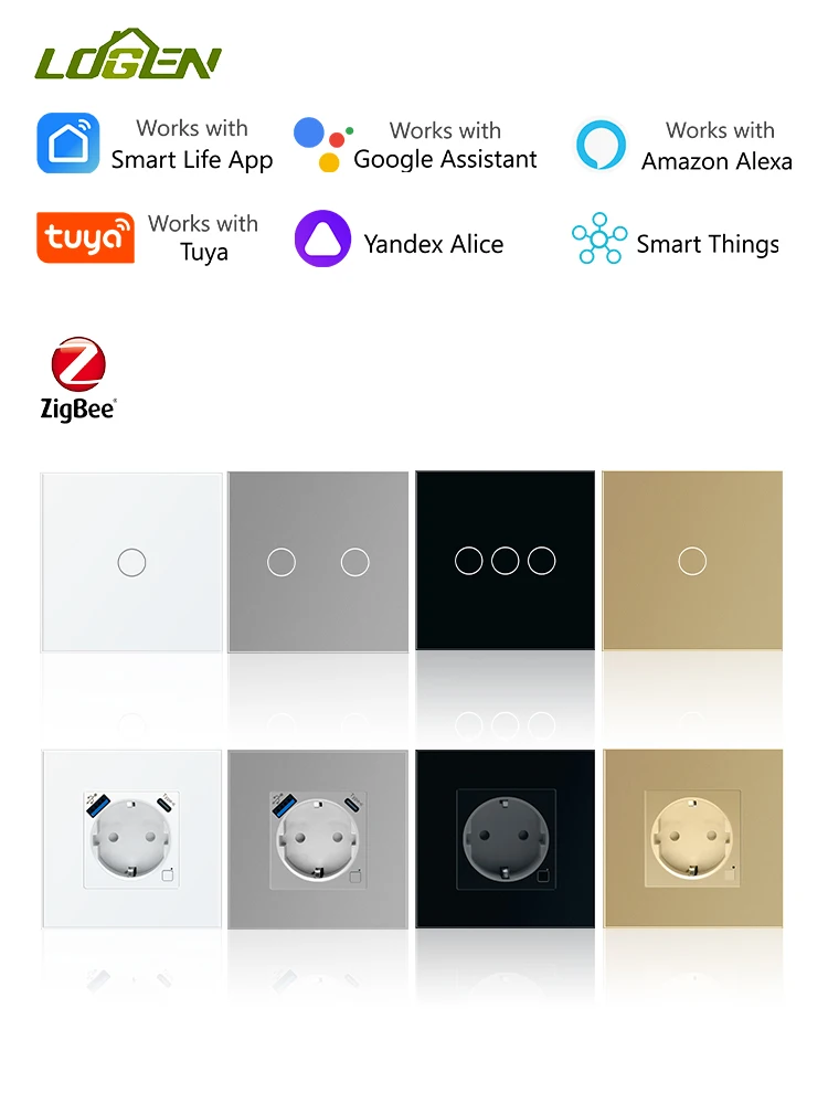 LOGEN Tuya Zigbee Smart Socket Touch Switch Голосовое управление Таймер Расписание Alexa Стеклянная