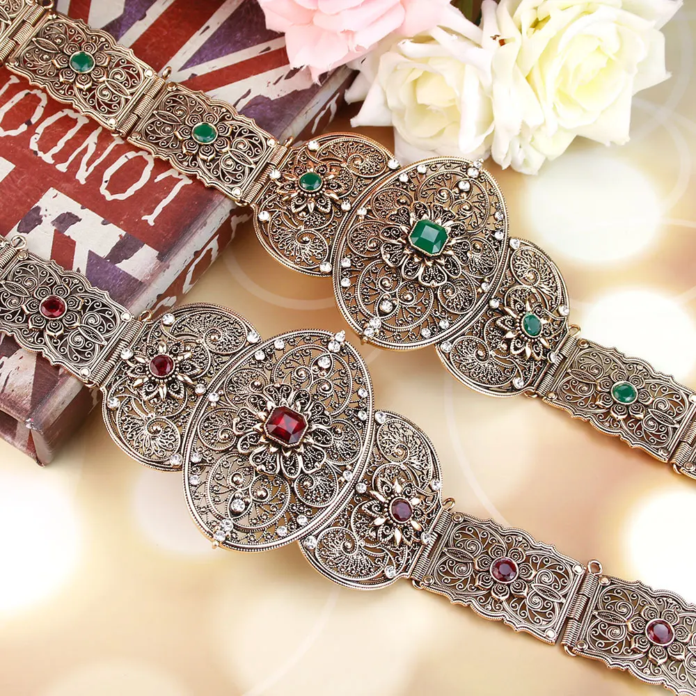 

Neovisson Retro Gold Color Turkey Belt For Aristocratic Women Crystal Ethnic Wedding Jewelry Waist Chain Algeria Bridal sash