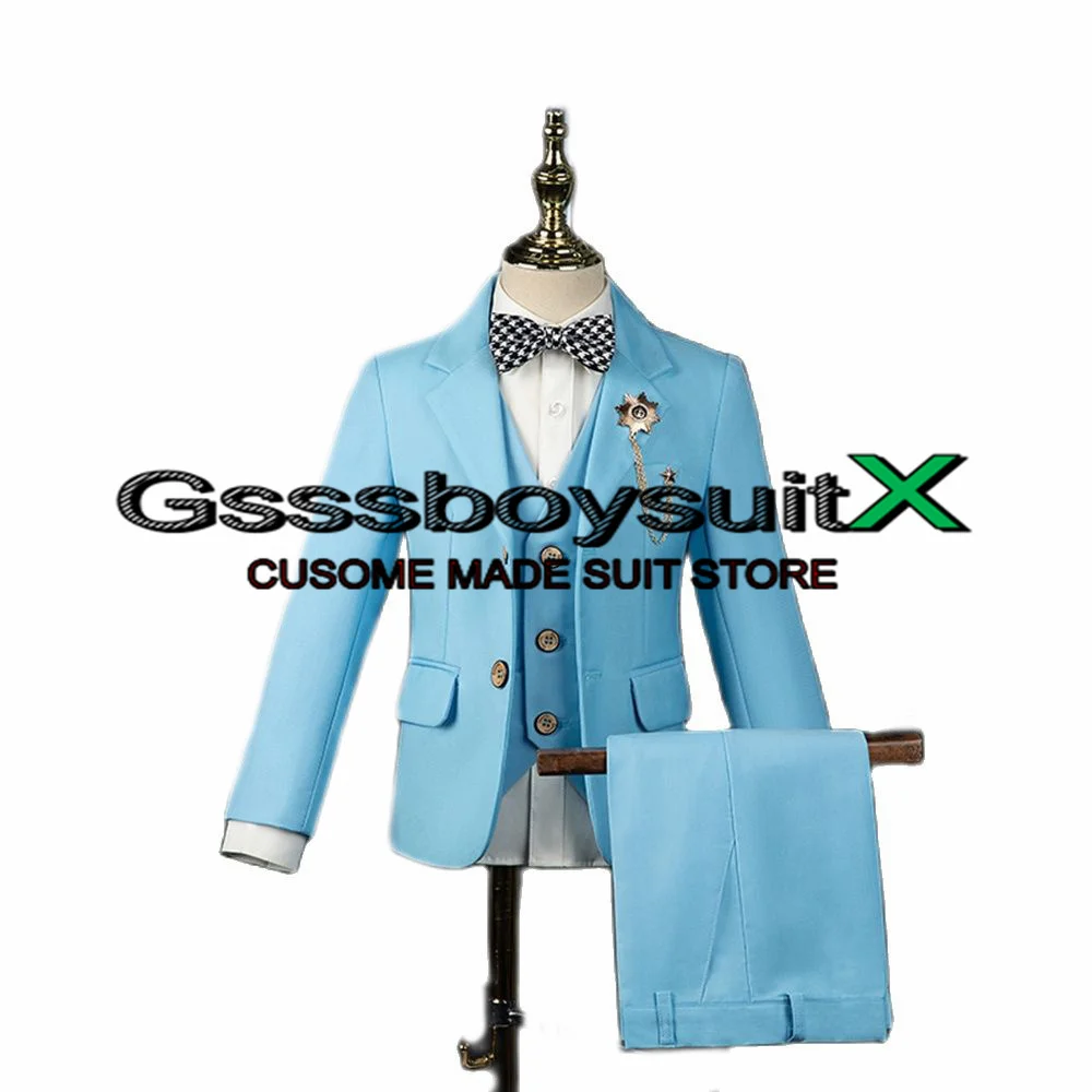 

Sky Blue Little Boy Suit Three Piece Wedding Tuxedo Child Jacket Set Formal Blazer Pants Vest School Uniform
