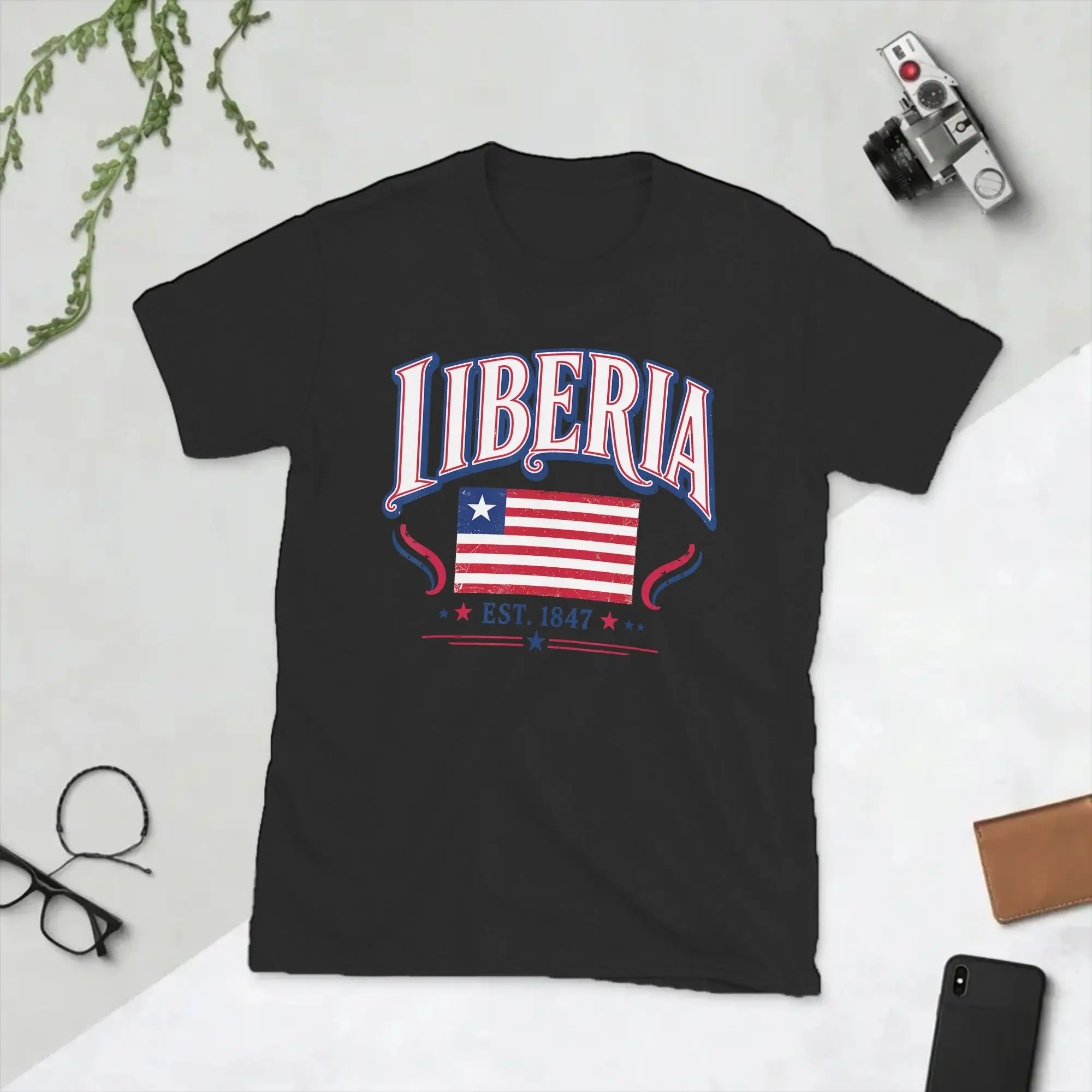 Фото Футболка Hipster Liberia Est 1847 ко Дню независимости, мужская футболка с круглым вырезом, 100% хлопок, футболки с короткими рукавами, топы для взрослых №1