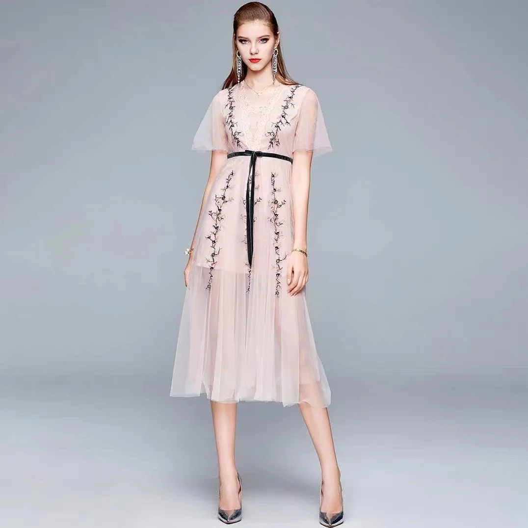 

JSXDHK High Qulaity Summer Mesh Midi Dress 2023 New Elegant Women Pink Flower Embroidery Bow Short Sleeve Female Holiday Dresses
