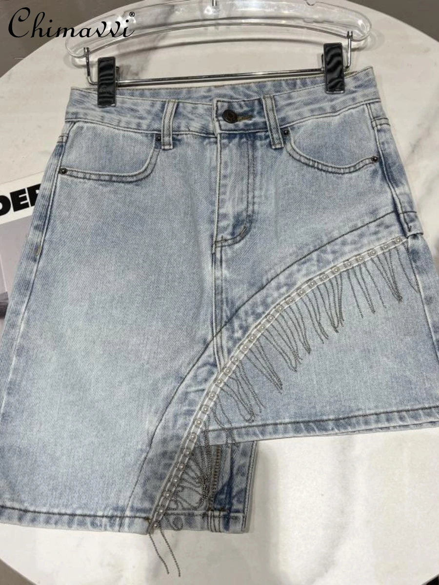 

2022 Summer Clothes New Fashion Beveled Tassel Chain Design Denim Skirts High Waist Slimming Temperament Women Skirt All-match
