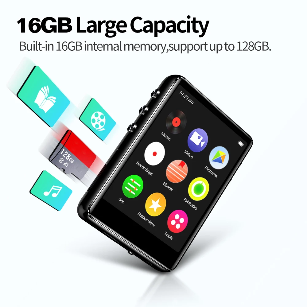 

Original Metal Support Bluetooth 5.0 MP3 Player HiFi Music Player Built-in Speaker With E-book Recording /FM Radio/Video