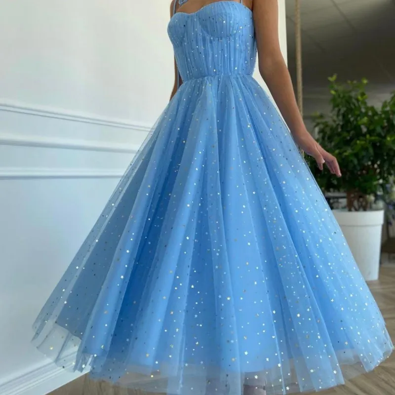 

Lavender Bridesmaid Dresses One Piece Prom Gown Cocktail Evening Gown Blue Midi Dress Starry Fabric