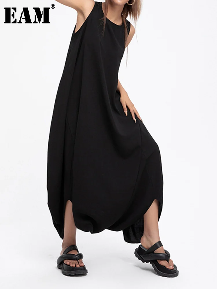 

[EAM] Loose Fit Women Black High Street Big Size Jumpsuit New High Waist Pocket Stitch Pants Fashion Spring Autumn 2022 1DE7717