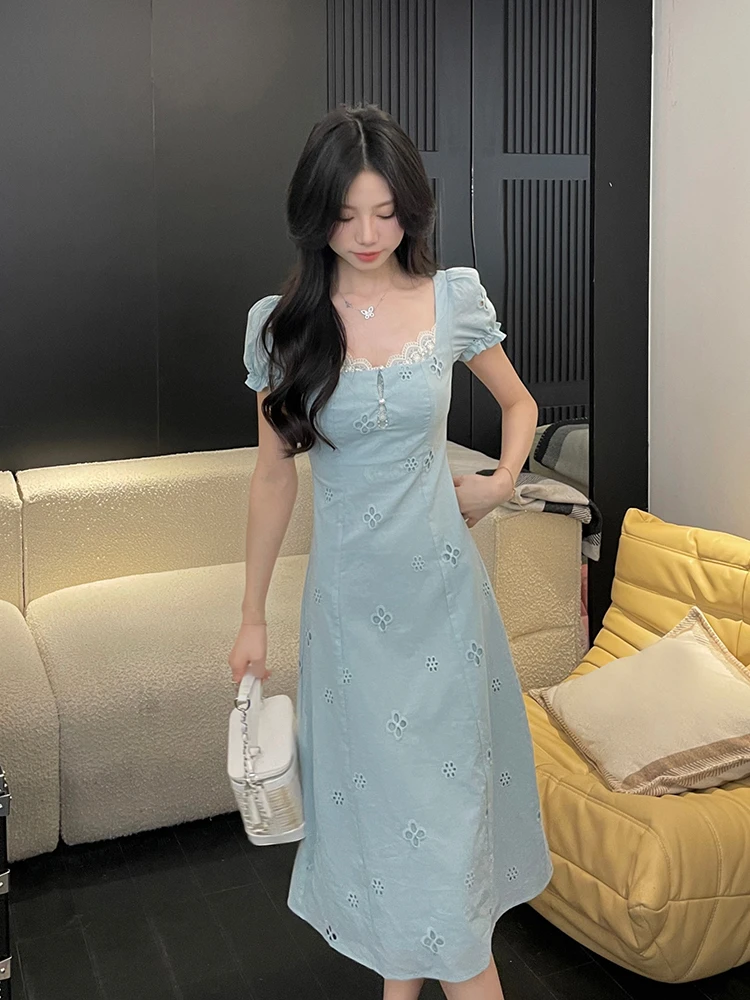 Design Blue Hollow out French sle Dress Children Summer 2024 New Elegant High Sense Tea Break Long dress |