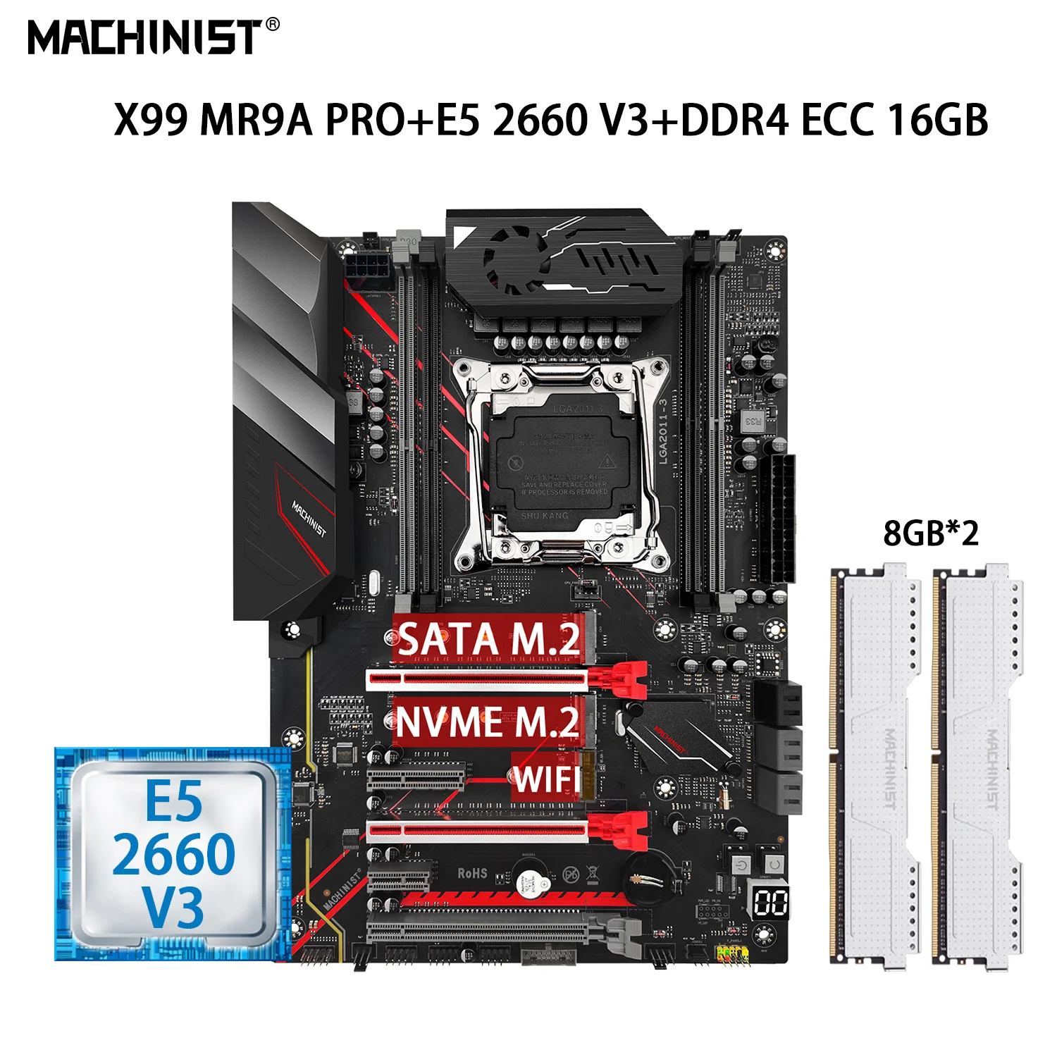 

MACHINIST X99 Set Motherboard LGA 2011-3 With Xeon Kit E5 2660 V3 CPU Processor DDR4 2*8GB=16GB ECC RAM Memory RAM ATX MR9A PRO