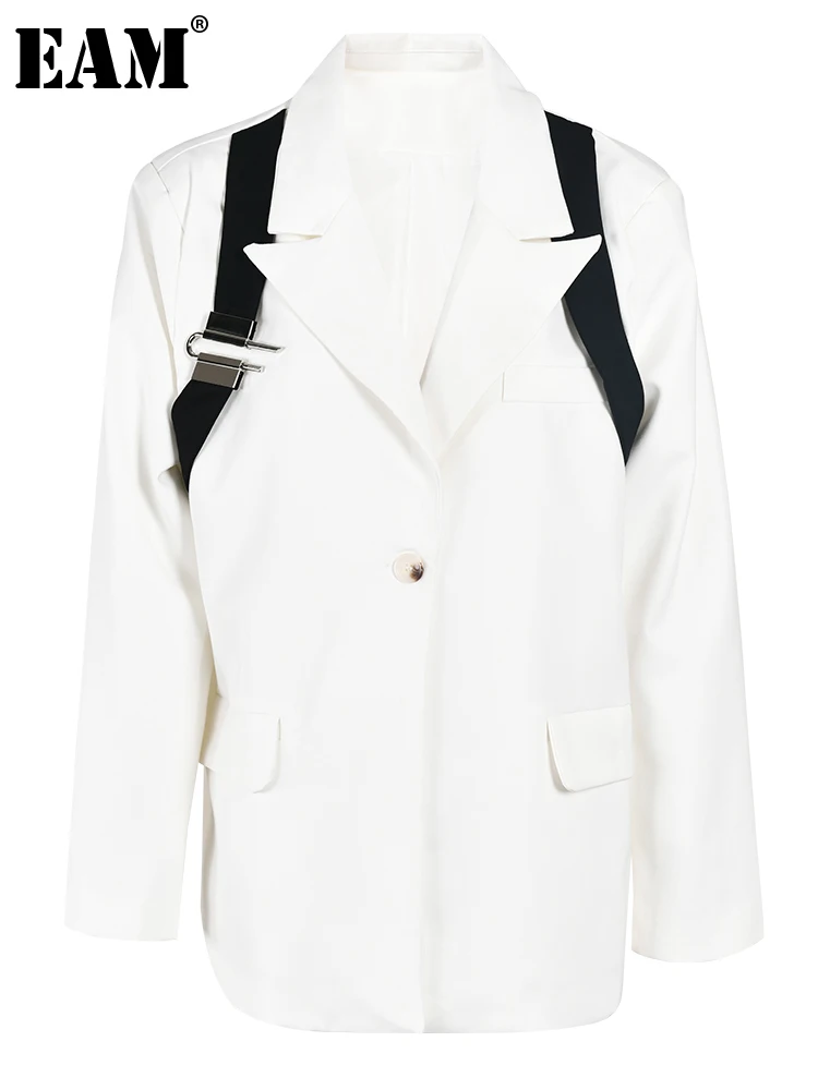 

[EAM] Women White Buckle Big Size Color-block Blazer New Lapel Long Sleeve Loose Fit Jacket Fashion Spring Autumn 2023 CPG0032
