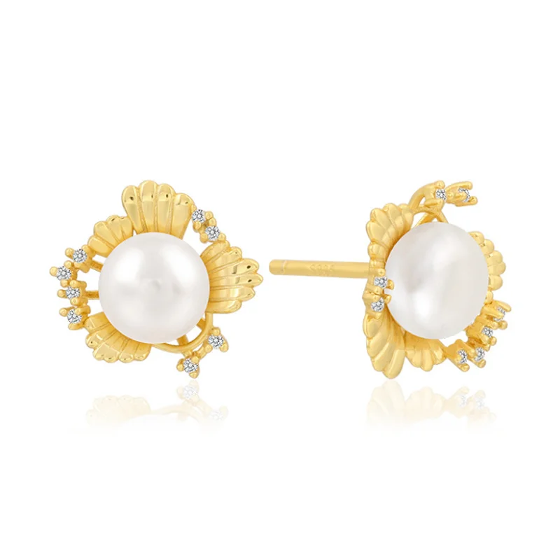

MeiBaPJ New 925 Genuine Silver Natural Freshwater Pearl Flower Stud Earrings Fine Wedding Jewelry for Women