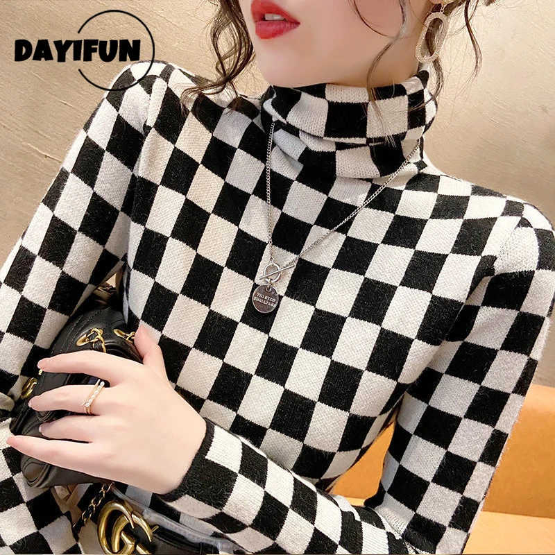 

DAYIFUN Ladies Turtleneck Checkerboard Knit Pullovers Tight Pile Collar Bottoming Sweaters Niche Thickened Warm Jumpers Tops