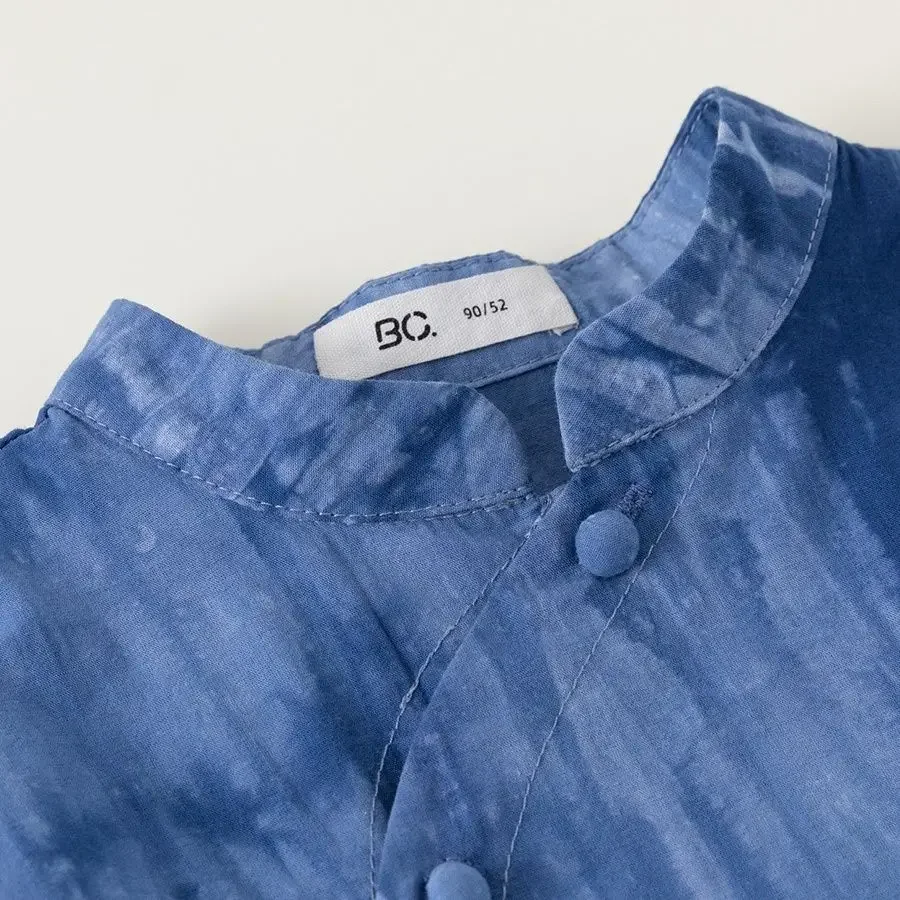 Хлопковый синий костюм Тан в китайском стиле топ с коротким рукавом и шорты