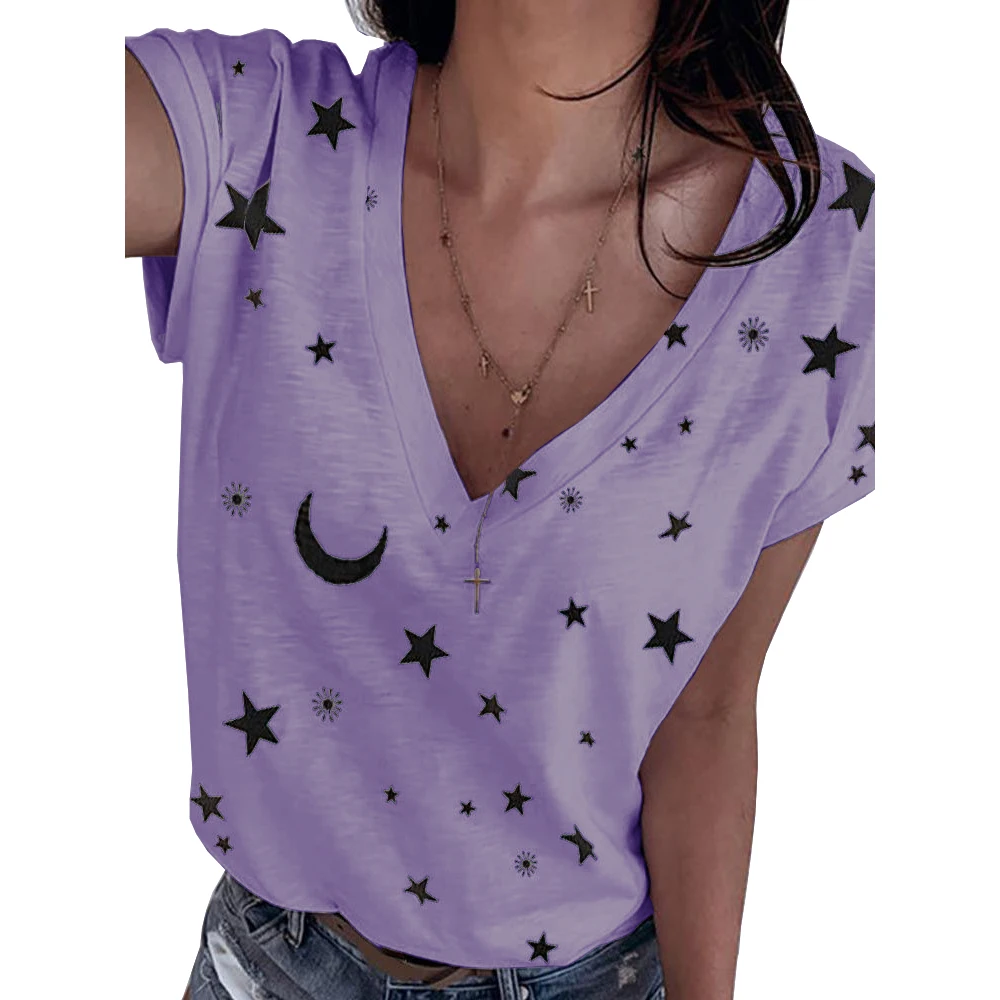 

Women Stars Moon Print T-Shirts ashion V Neck T-Shirt Short Sleeve Hip Hop Oversized Tee Shirt Pattern Clothes