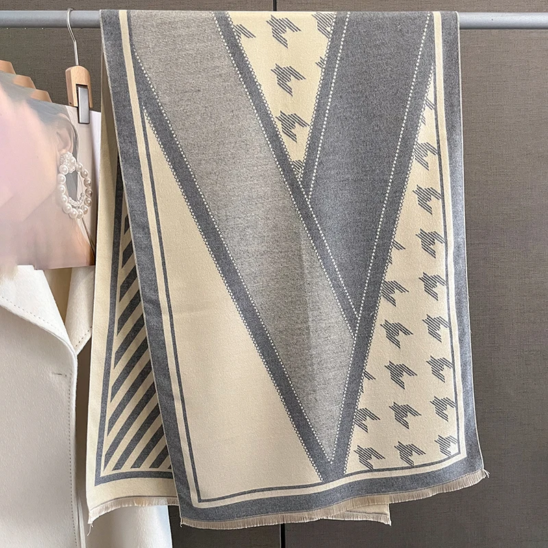 

Теплое одеяло из пашмины, женский шарф, зимний кашемировый шарф с геометрическим принтом, повседневная шаль, накидка с кисточкой, модная одежда