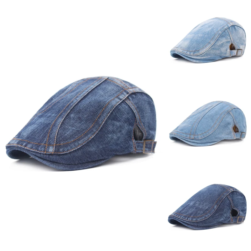 

Simple Washed Denim Berets Hat Men Women Spring Summer Peaked Flat Cap Artist Duckbill Hat Casual Herringbone Newsboy Cap