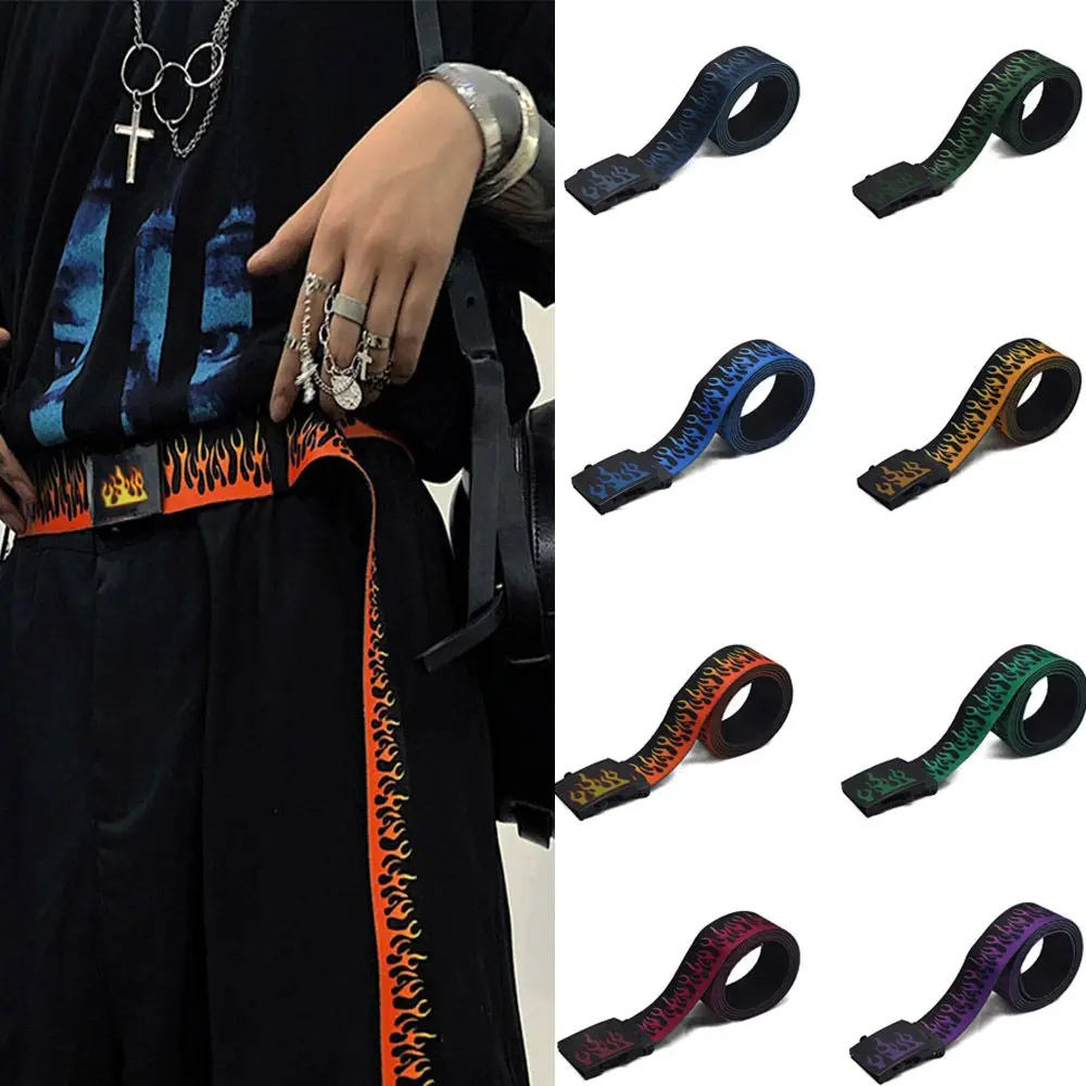

Fashion Webbing Adjustable Buckle Waist Belt Flame Print Waistband Belt Strap