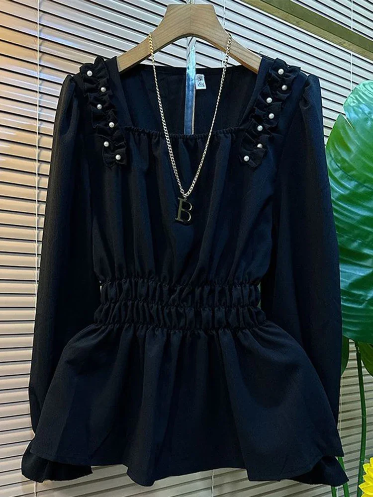 Блузка женская однотонная с квадратным вырезом и рукавами-фонариками