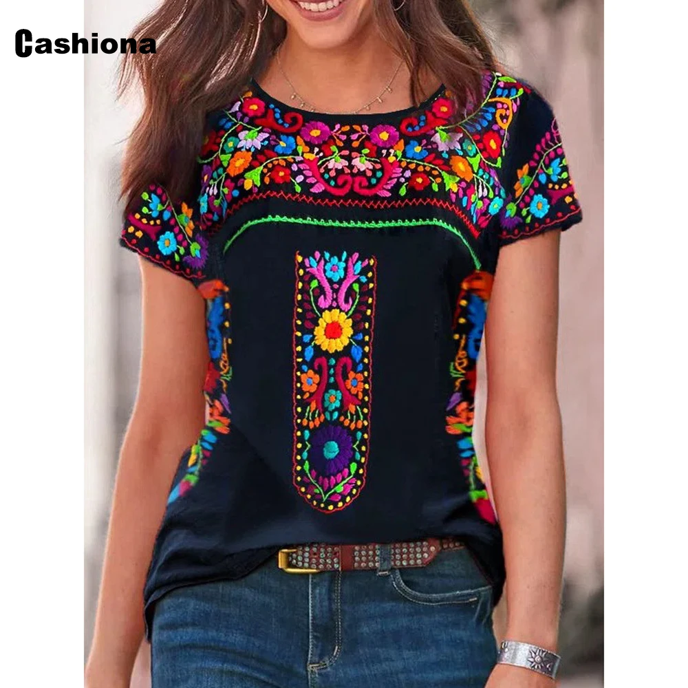 Cashiona Plus Size Women Latest Casual T-shirt Round Neck Pullovers Women's Flower Print Top 2022 Summer Folk Vintage Tees Shirt