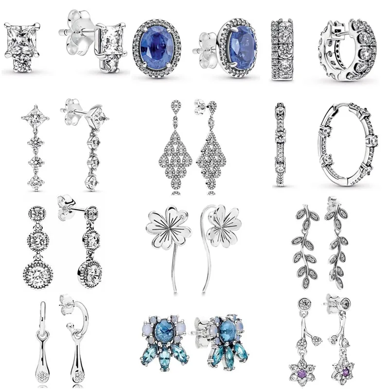 

925 Sterling Silver Earring Statement Halo Cascading Glamour Round & Square Pave Bars Earring For Women DIY Gift Pandora Jew