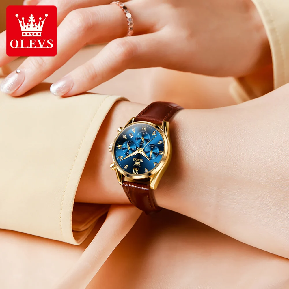 Женские Водонепроницаемые кварцевые часы с хронографом и кожаным ремешком