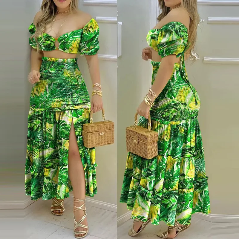 

Spring Summer 2022 New Women's Fashion Elegant Sexy Bohemian Off Shoulder Printed Split Skirt Two Piece Set High Waist Skirt