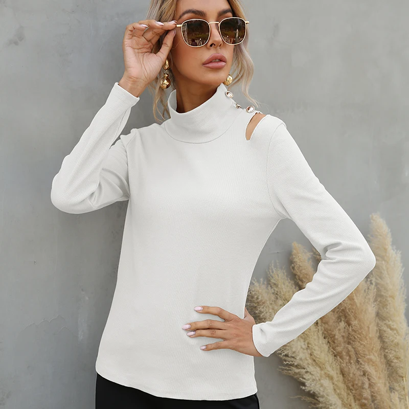 

EAEOVNI Turtleneck Women's Pullover Sweater Spring Pullover Knit Basic Top Fashion Autumn Turtleneck Button Long Sleeve Clothes
