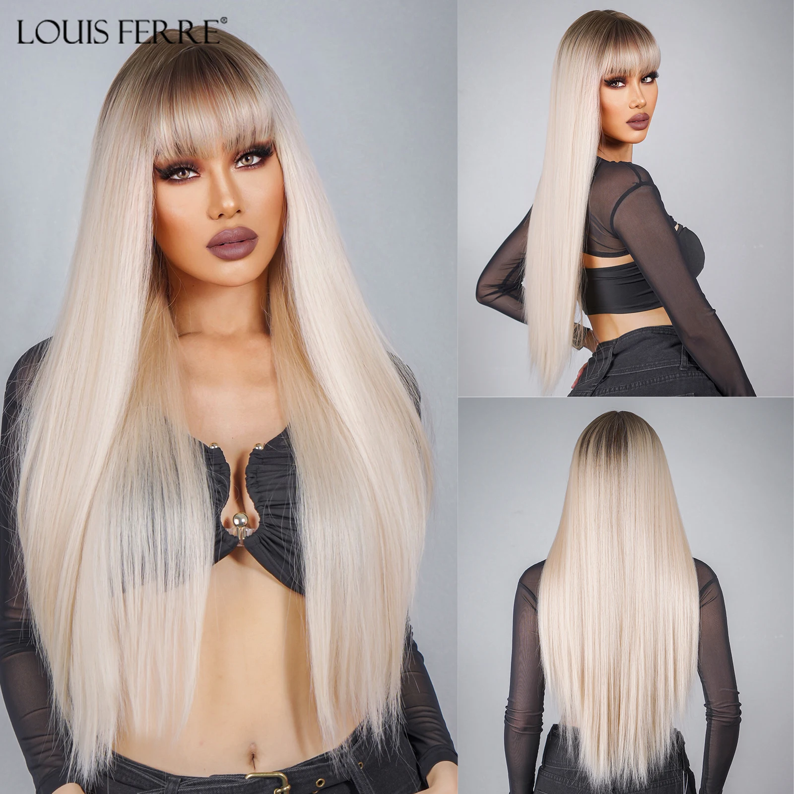

LOUIS FERRE Light Blonde Synthetic Hair Long Straight Brown Platinum Ombre Wig for Women Daily Cosplay Natural Hair With Bangs