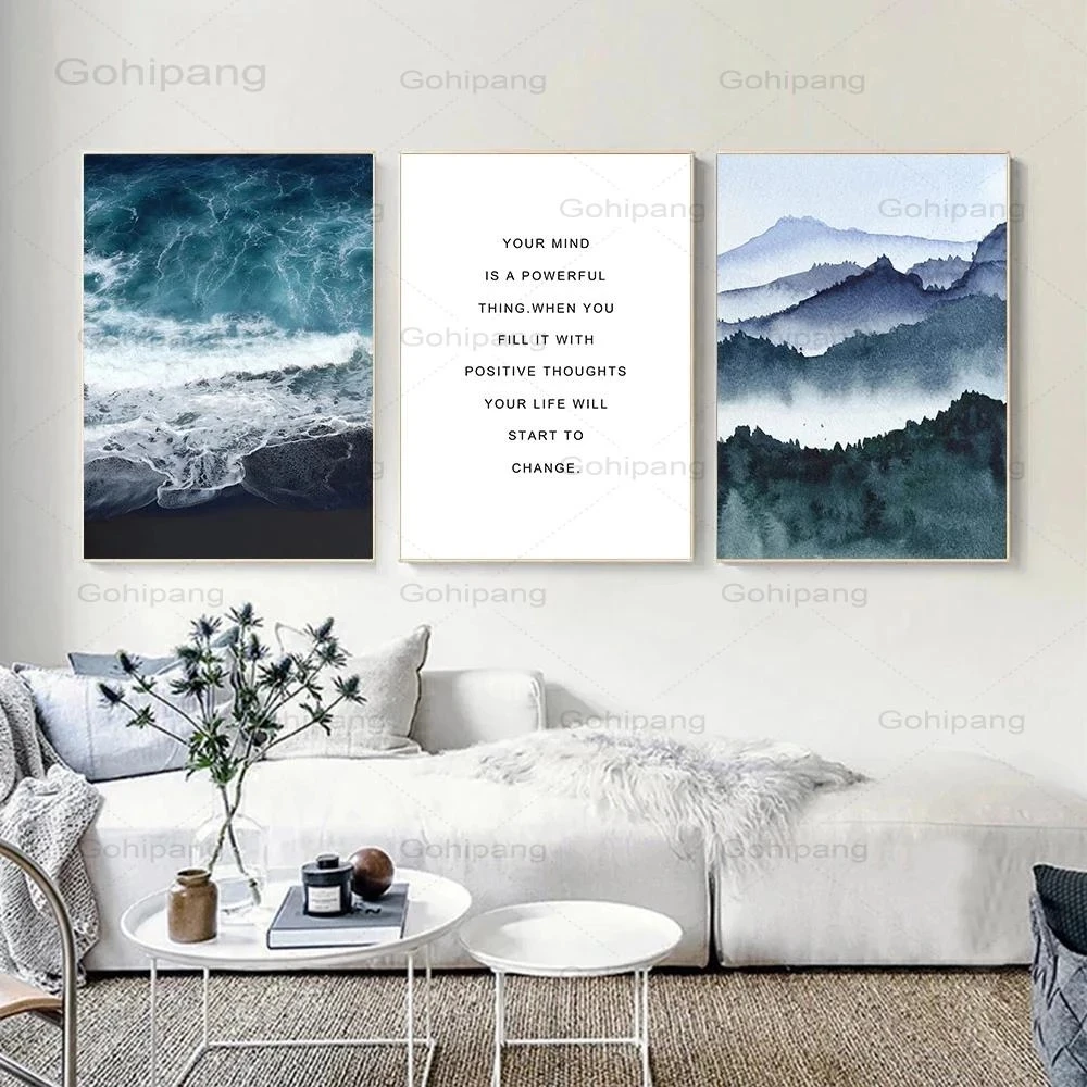 

Blue Beach Canvas Painting Landscape Poster Mountain Foggy Forest Art Picture Nature Scenery Wall Prints Living Room Home Decor