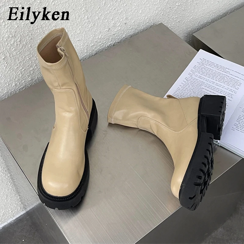 

Eilyken/Новинка; Брендовые дизайнерские женские ботильоны с круглым носком; Зимняя обувь из эластичной ткани; Ботинки «Челси» на платформе и не...