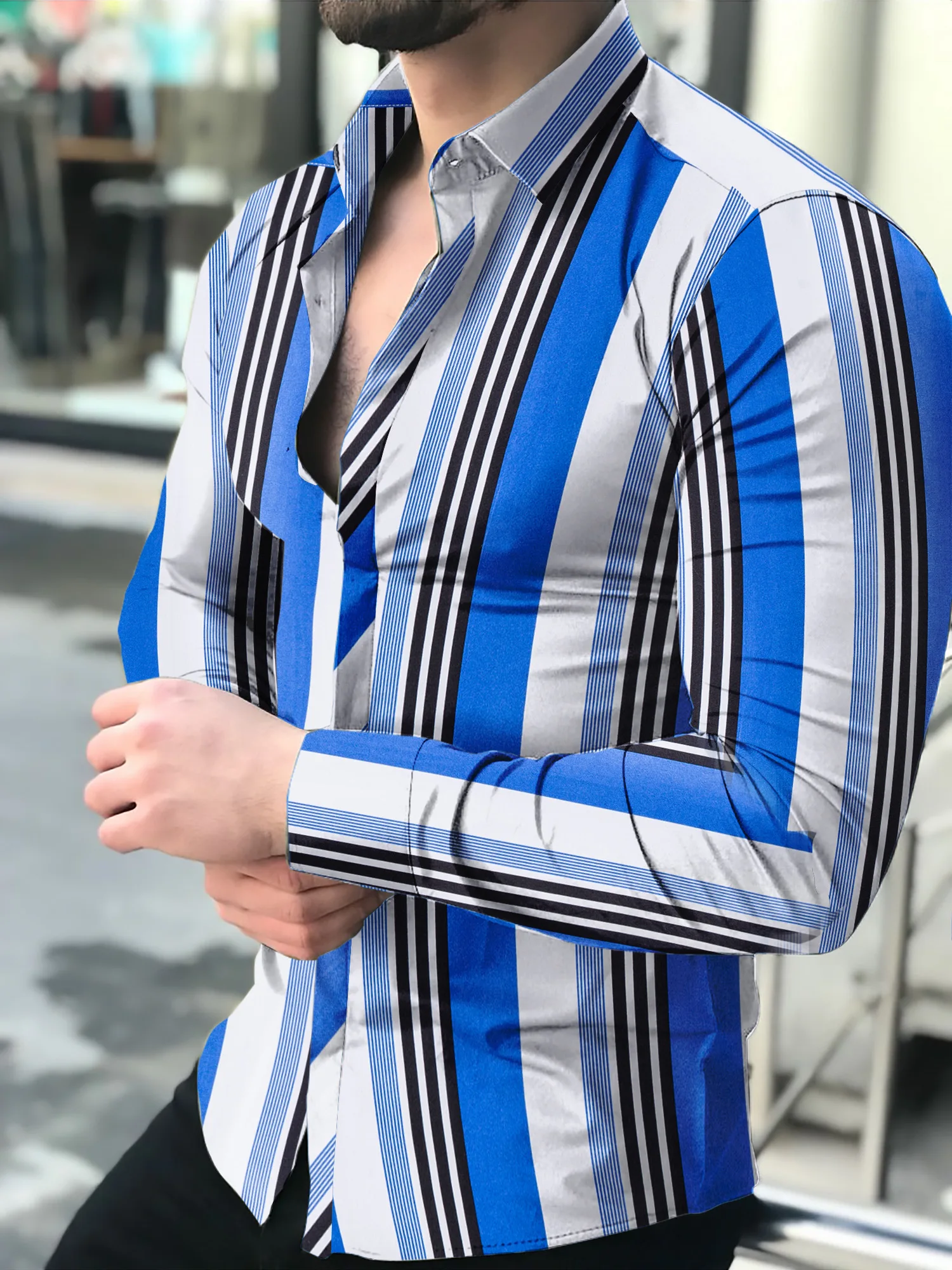 Autumn and Winter 2022 New Men's Long Sleeve Casual Party Stripe Button Business High Quality Shirt