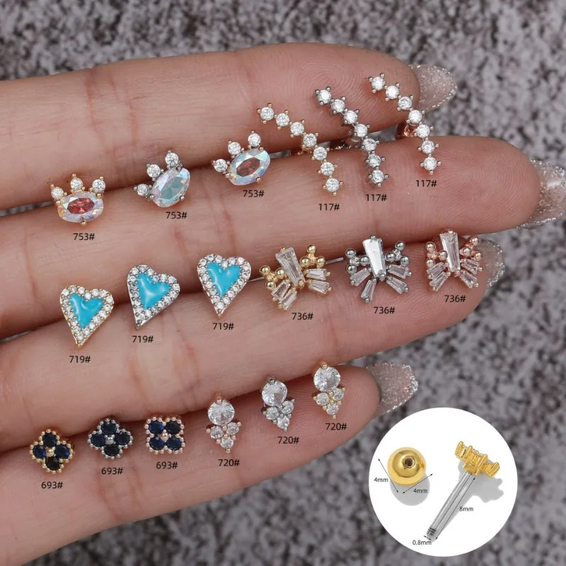 

1Piece Stud Earring for Women Grils Jewelry, Cubic Zirconia Heart Flower Butterfly Shaped Stainless Steel Earrings, 8mm Bar