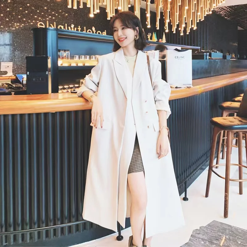 Women's Fashion Single-Breasted Beige Super Long Coat Spring Autumn New Korean Loose Temperament Design Sense Fake Two Suits UU8