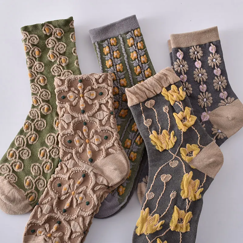 5 Pairs/ Lot Dreamlikelin Woman Socks Harajuku Retro Embroidery Spring 3D Knitting Flowers Embossed Print Lolita Christmas Gift