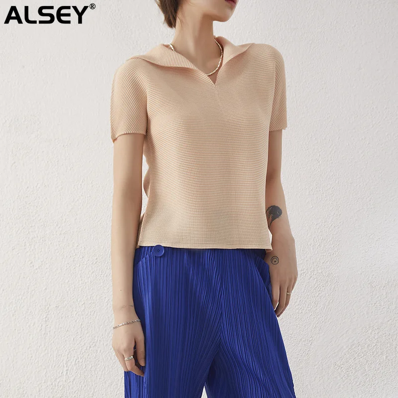 

ALSEY Miyake Women's Tops Spring Summer Fashion Short Sleeve Loose Plus Size V-neck Pleated Peplum Design T-shirt Woman Clothing