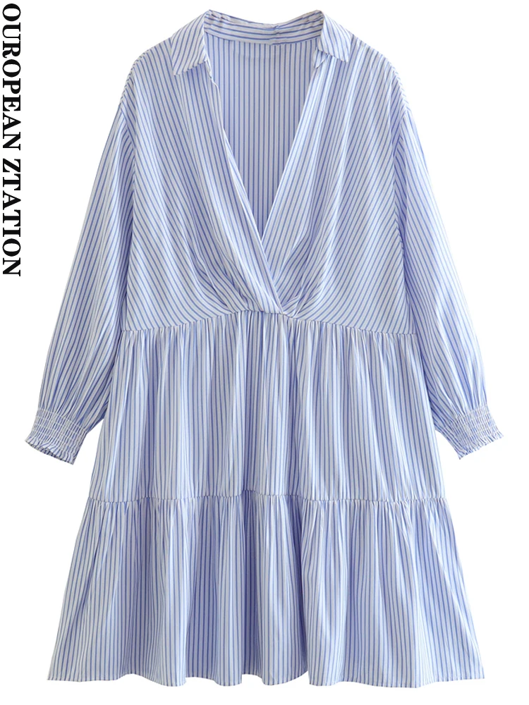 

PAILETE Women 2023 fashion striped panel midi dress vintage v neck long sleeve female dresses vestidos mujer