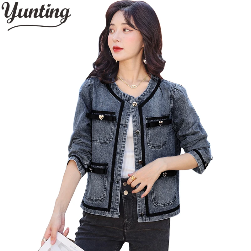 2022 New Autumn Women Denim Jacket Long Sleeve Casual Jeans Bomber Vintage Round Neck Short Outerwear Female