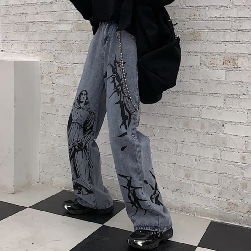 

2023 Spring New Summer Fashion Ins Street Hip-hop Printing Wash Jeans Loose Casual Denim Wide Leg Pants Tide Woman dark academia