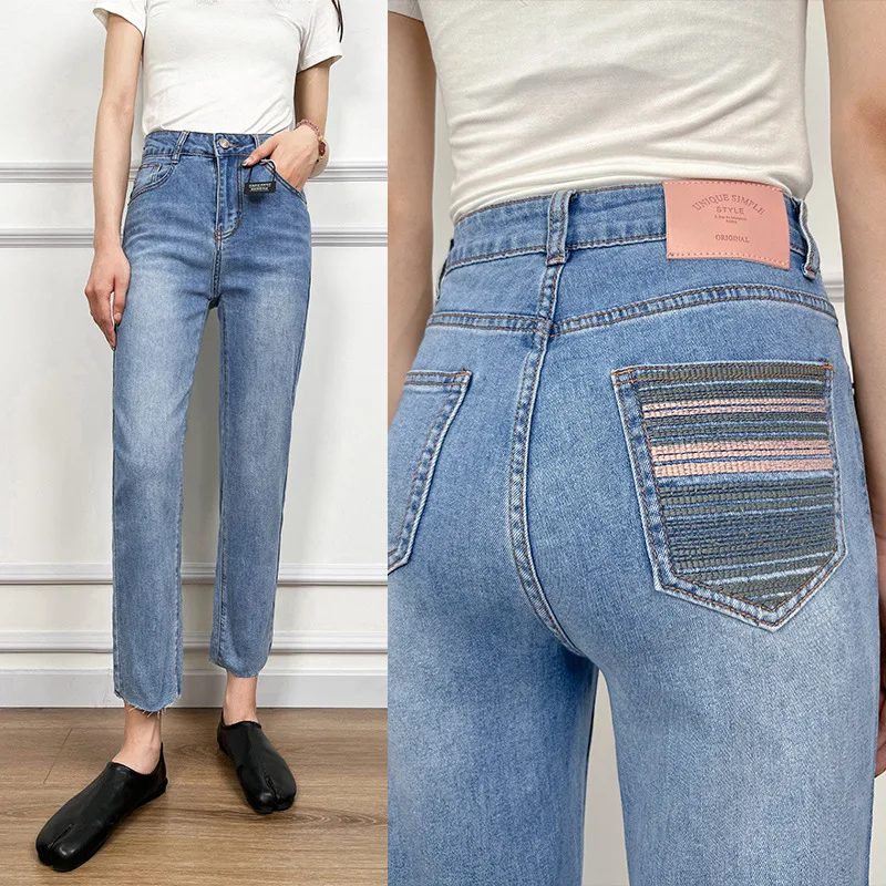 

Women High Waist Embroidered Pocket Skinny Ankle Straight Leg Jeans 2023 Summer Korean Fashion
