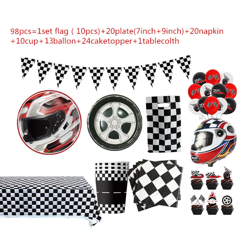 

Racing Car Happy Birthday Banner Race Car Helmet Tableware Plates Cake Toppers Racing Balloons Set Race Theme Party Decorations