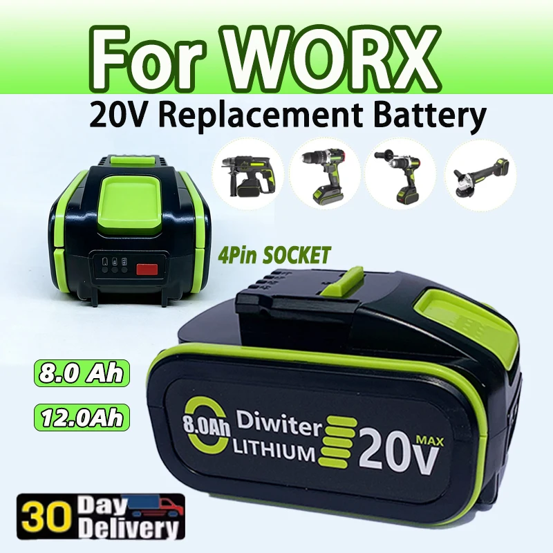 Фото Сменный аккумулятор WORX 20V, совместимый с WA3551, WG630, WG629, WX372 и т.д. Зеленый аккумулятор для электроинструментов с 4-контактным разъемом. №1