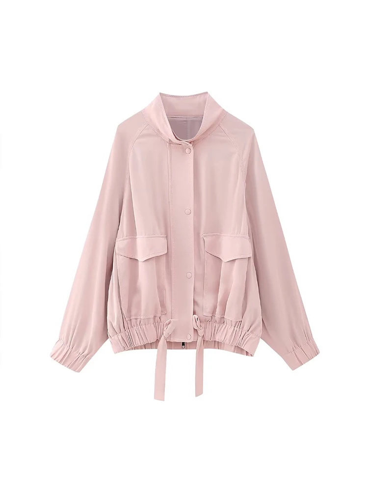 

Chic Women Solid Flying Jacket Coat 2023 New Summer Vintage Pocket Decoration Female Half High Collar Long Sleeve Loose Top