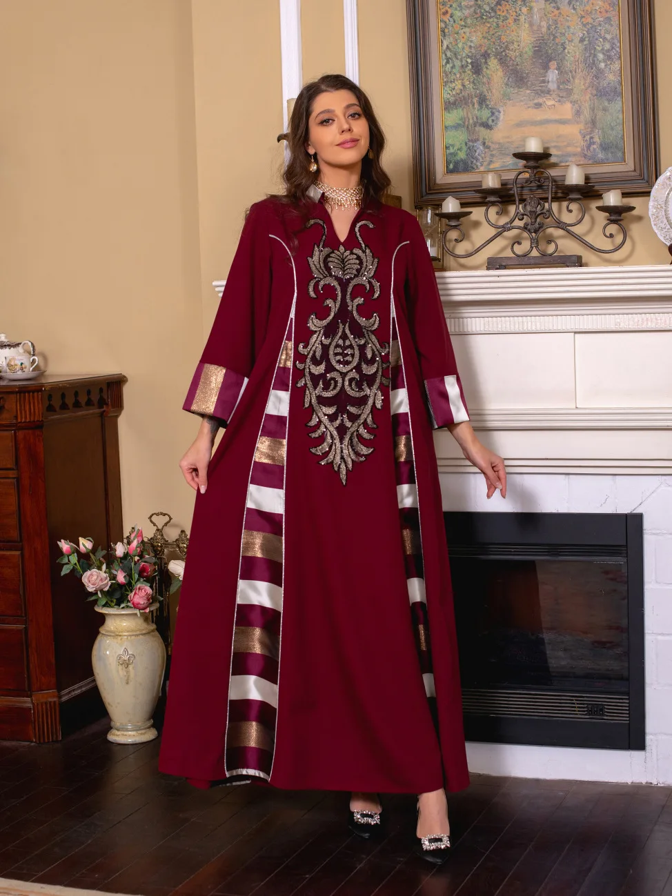 Women's New Arab Muslim Middle Eastern Retro Ethnic Beaded Piece Embroidered Patchwork Dress