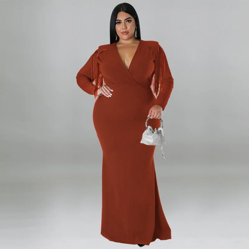 Plus Size Women's Dresses Sexy Long Sleeve Fringe Solid Color Deep V-neck Evening Dress Fashion Casual Elegant Party Dresses