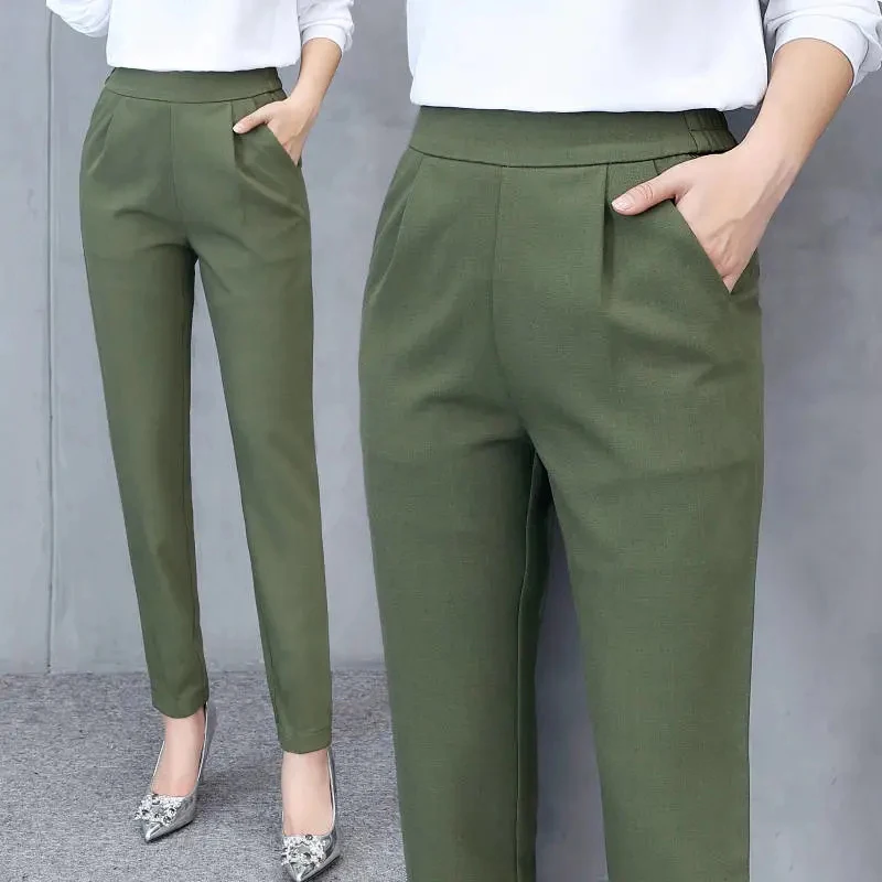 

Basic Solid Color Elastic Waist Harem Pants Women Casual Spring Ankle-Length Pants Large Size Korean Slim Work Trousers Female
