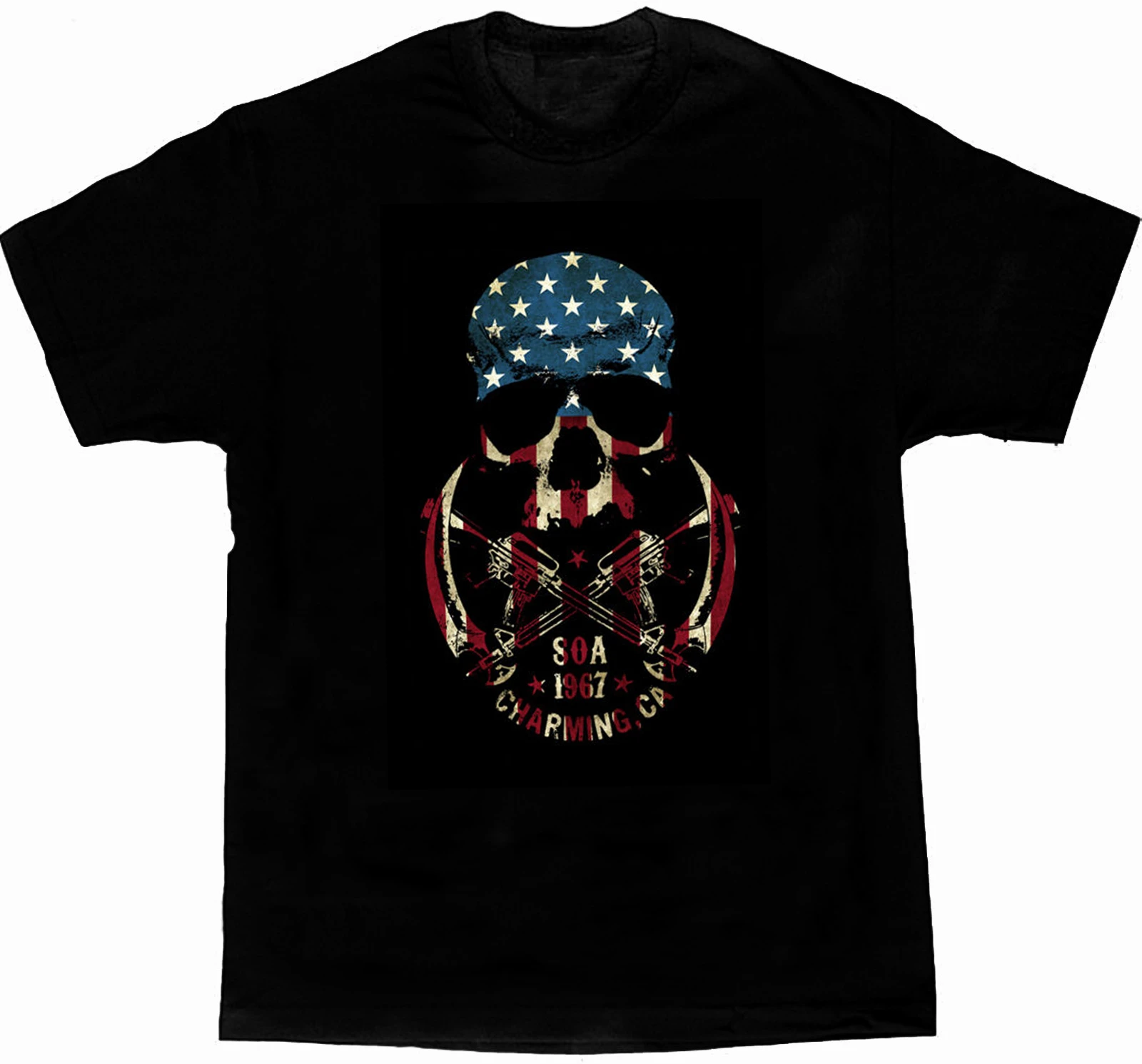 

Sons of Anarchy Cross Gun Sickle American Flag Skull T-Shirt. Premium Cotton Short Sleeve O-Neck Mens T Shirt New S-3XL