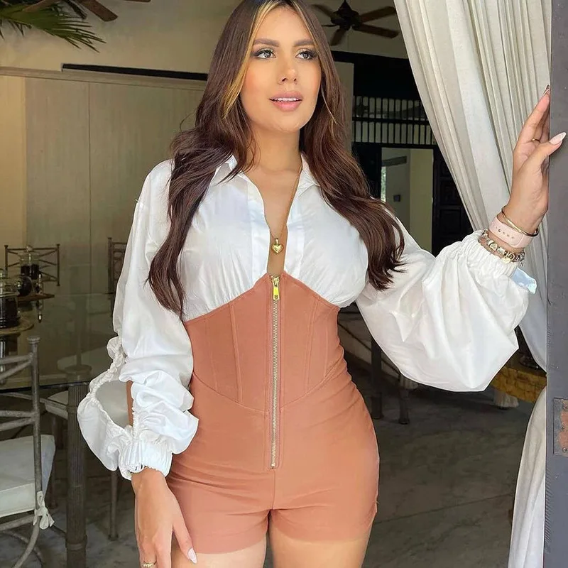 

BKLD One Pieces Clothes For Women 2023 Contrasting Zipper Turn-Down Collar Shorts Jumpsuit Long Sleeve Rompers Sexy Club Outfits